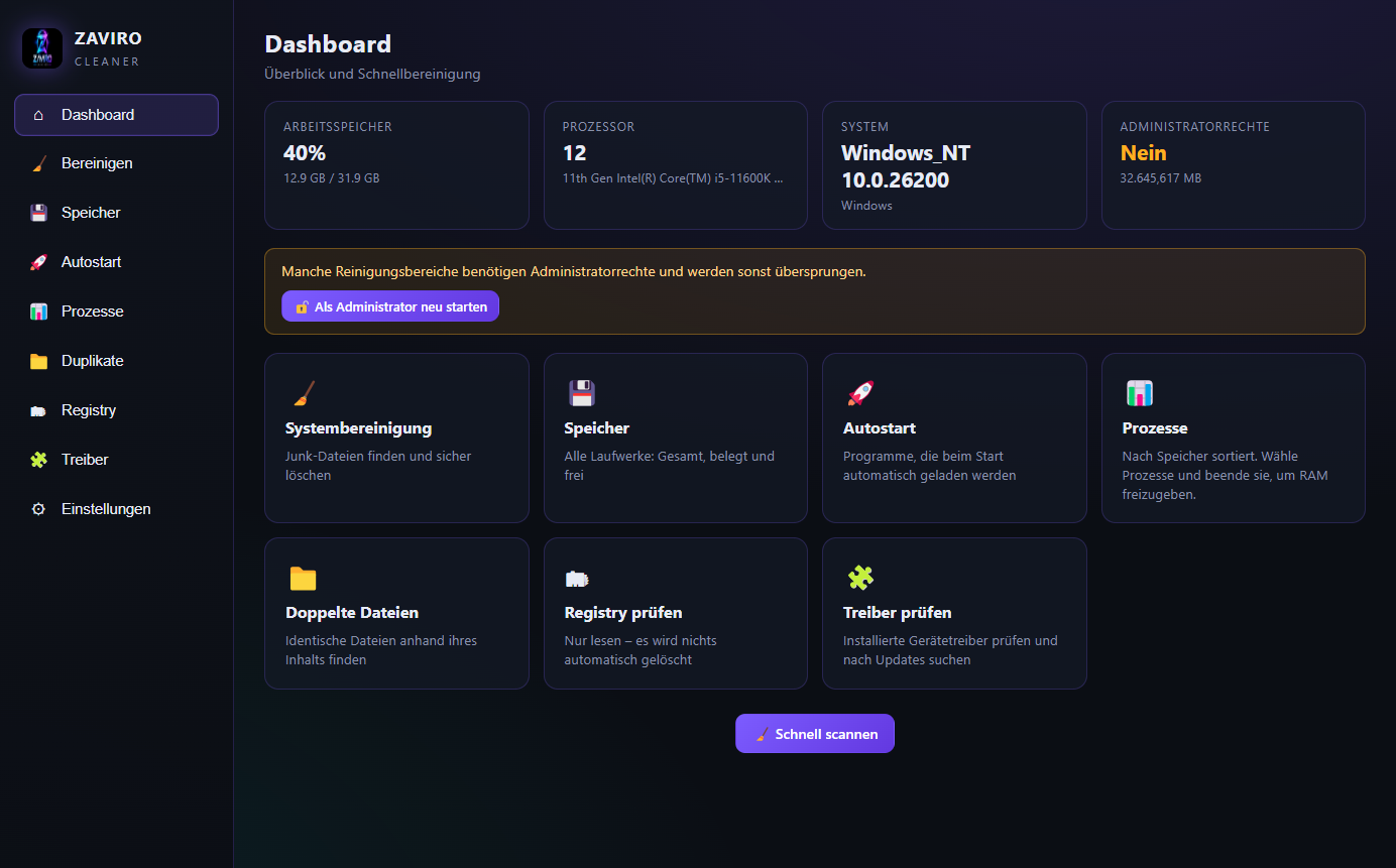 ZAVIRO Cleaner – Dashboard
