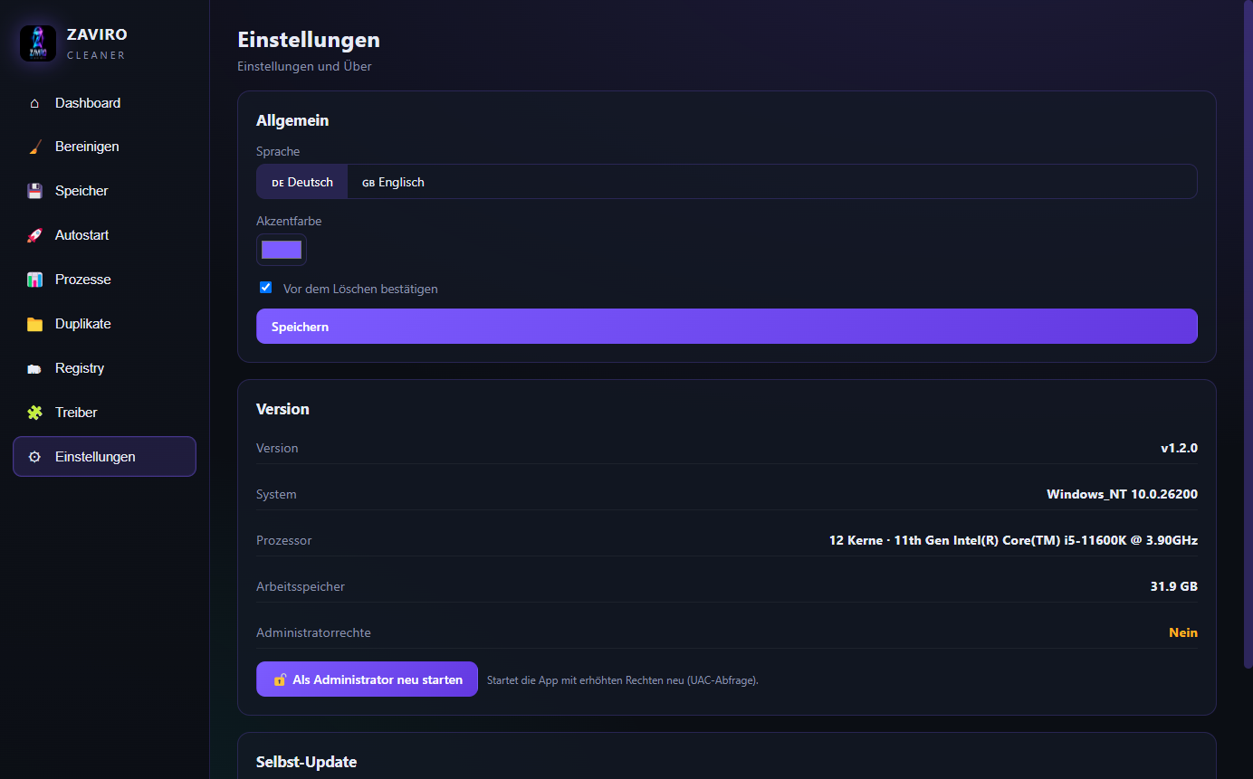 Einstellungen mit Selbst-Update und Administratorrechten